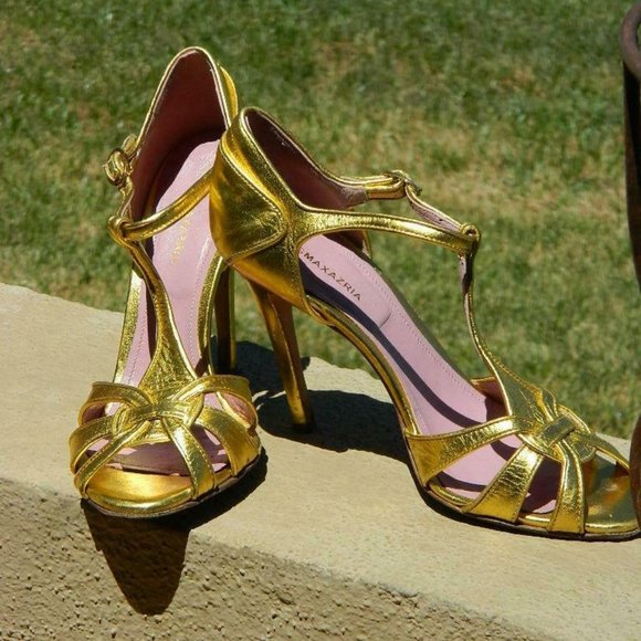 BCBG Max Azria Gold Metalic Leather MaryJane Strappy Spike Heel Sandal Shoes 8.5 - Picture 5 of 10
